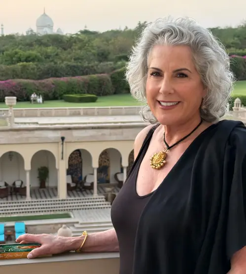 Arielle Ford on a balcony at the Taj Mahal